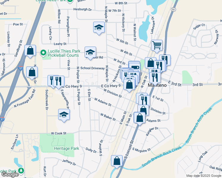 map of restaurants, bars, coffee shops, grocery stores, and more near 221 West Division Street in Manteno