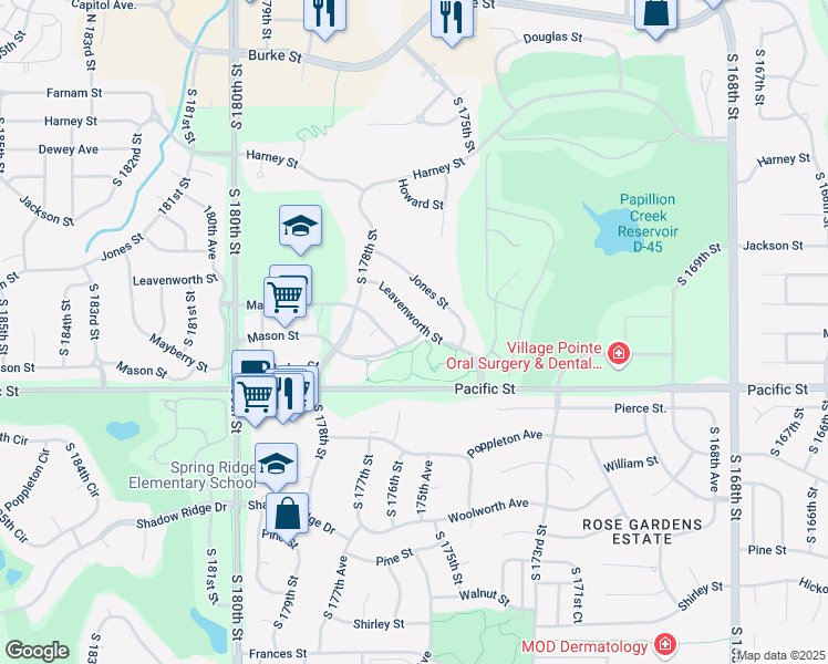 map of restaurants, bars, coffee shops, grocery stores, and more near 17601 Leavenworth Street in Omaha