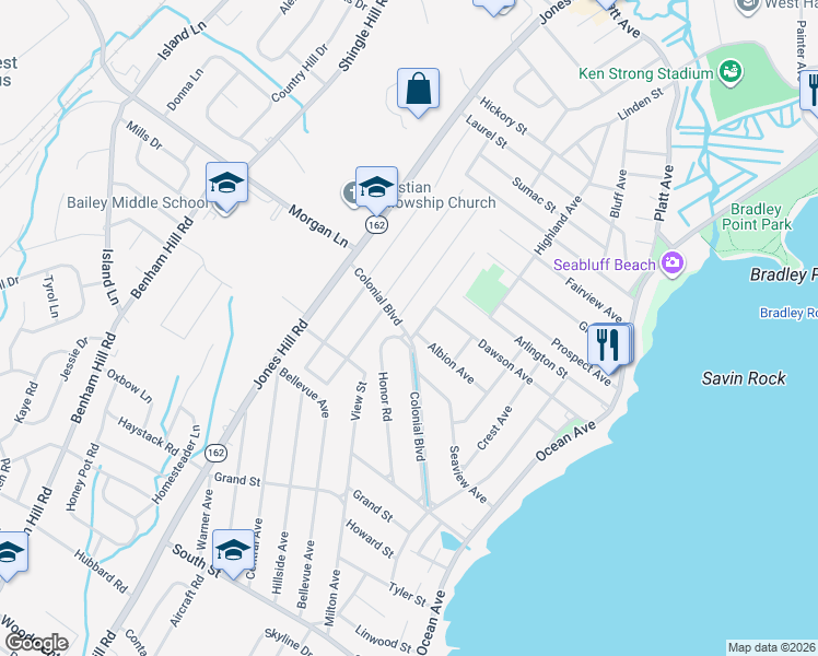 map of restaurants, bars, coffee shops, grocery stores, and more near 175 Colonial Boulevard in West Haven