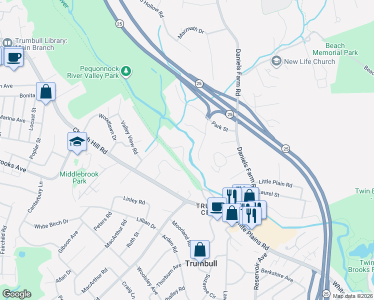 map of restaurants, bars, coffee shops, grocery stores, and more near 26 Riverbend Road in Trumbull