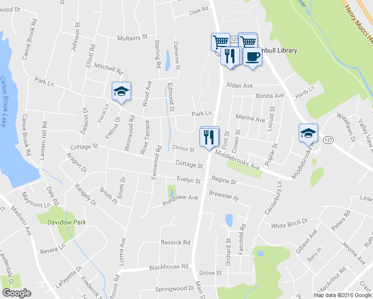 map of restaurants, bars, coffee shops, grocery stores, and more near 23 Clinton Street in Trumbull