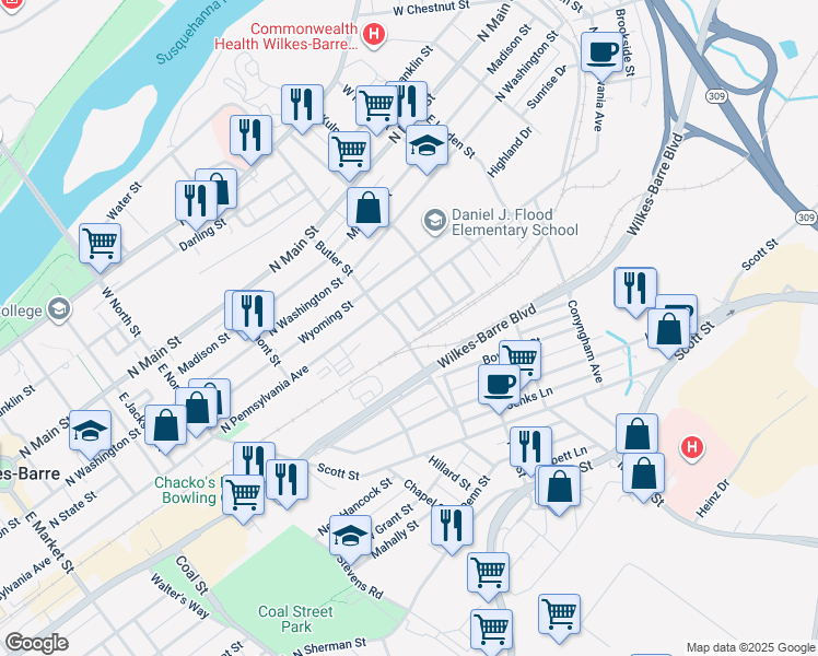 map of restaurants, bars, coffee shops, grocery stores, and more near 29 Thompson Street in Wilkes-Barre