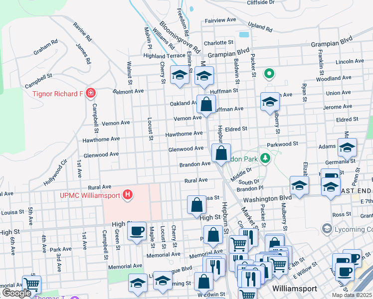map of restaurants, bars, coffee shops, grocery stores, and more near 403 Glenwood Avenue in Williamsport