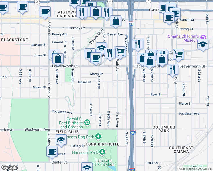 map of restaurants, bars, coffee shops, grocery stores, and more near 3011 Mason Street in Omaha