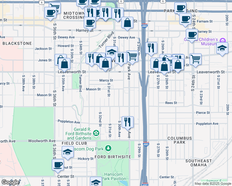 map of restaurants, bars, coffee shops, grocery stores, and more near 3011 Mason Street in Omaha