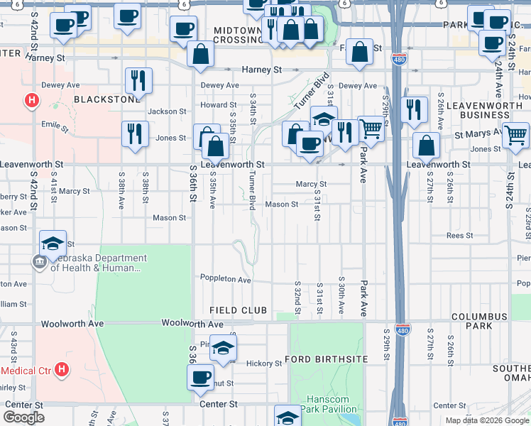 map of restaurants, bars, coffee shops, grocery stores, and more near 1015 Turner Boulevard in Omaha