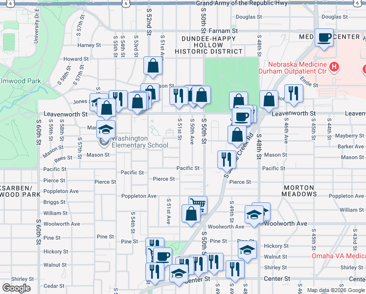 map of restaurants, bars, coffee shops, grocery stores, and more near 5103 Mason Street in Omaha