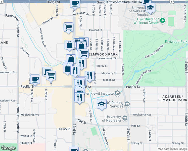 map of restaurants, bars, coffee shops, grocery stores, and more near 3 South 70th Plaza in Omaha