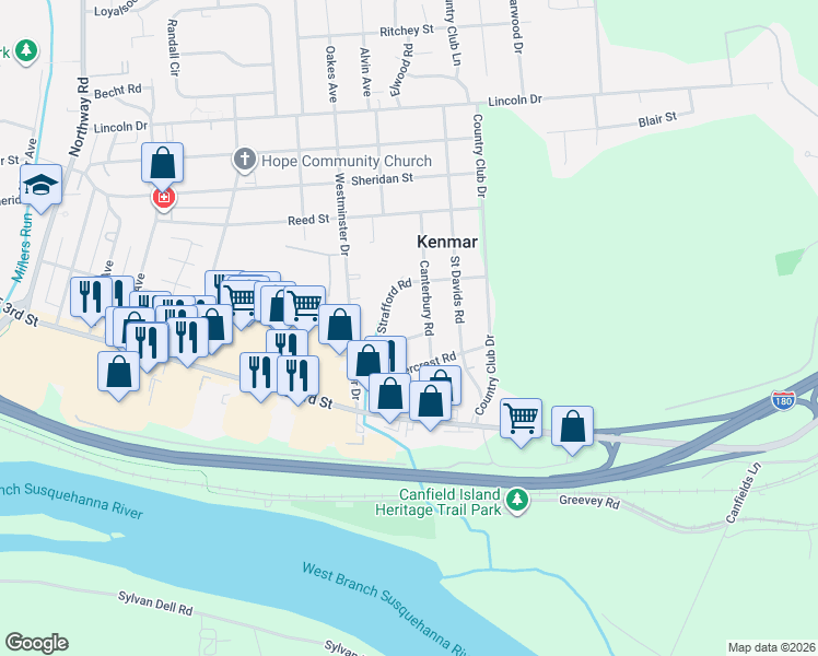 map of restaurants, bars, coffee shops, grocery stores, and more near 2401-2499 Nottingham Rd in Williamsport