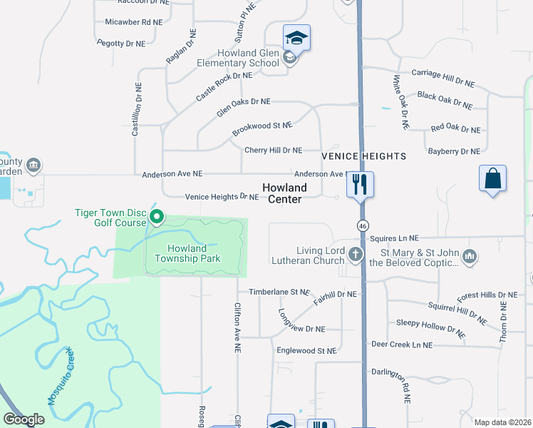 map of restaurants, bars, coffee shops, grocery stores, and more near 124 Eastwind Drive Northeast in Warren