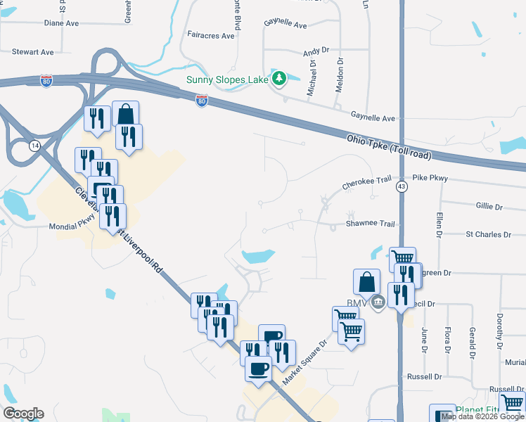 map of restaurants, bars, coffee shops, grocery stores, and more near 9506 Kickapoo Pass in Streetsboro