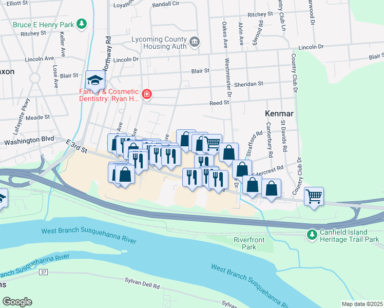 map of restaurants, bars, coffee shops, grocery stores, and more near 1915 East 3rd Street in Williamsport