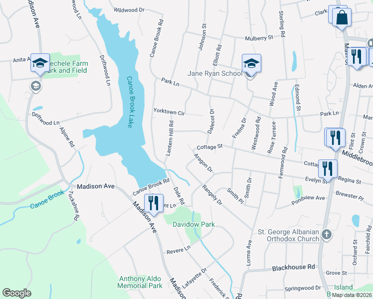 map of restaurants, bars, coffee shops, grocery stores, and more near 35 Aragon Drive in Trumbull