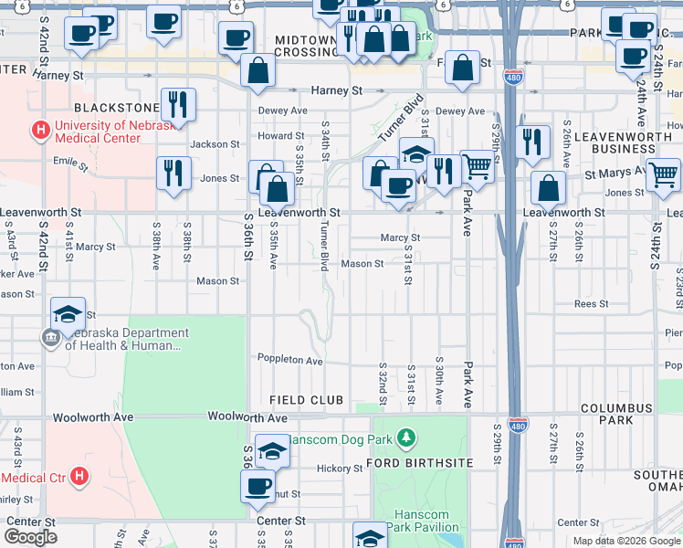map of restaurants, bars, coffee shops, grocery stores, and more near 1015 Turner Boulevard in Omaha