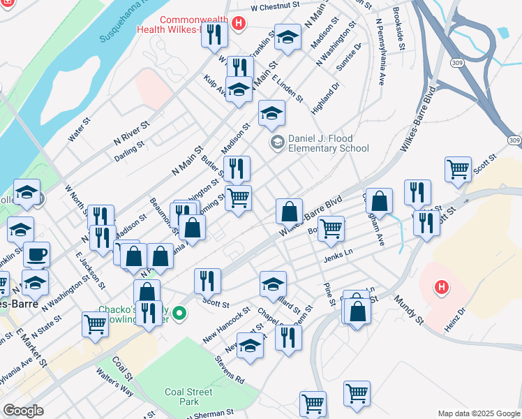 map of restaurants, bars, coffee shops, grocery stores, and more near 29 Thompson Street in Wilkes-Barre