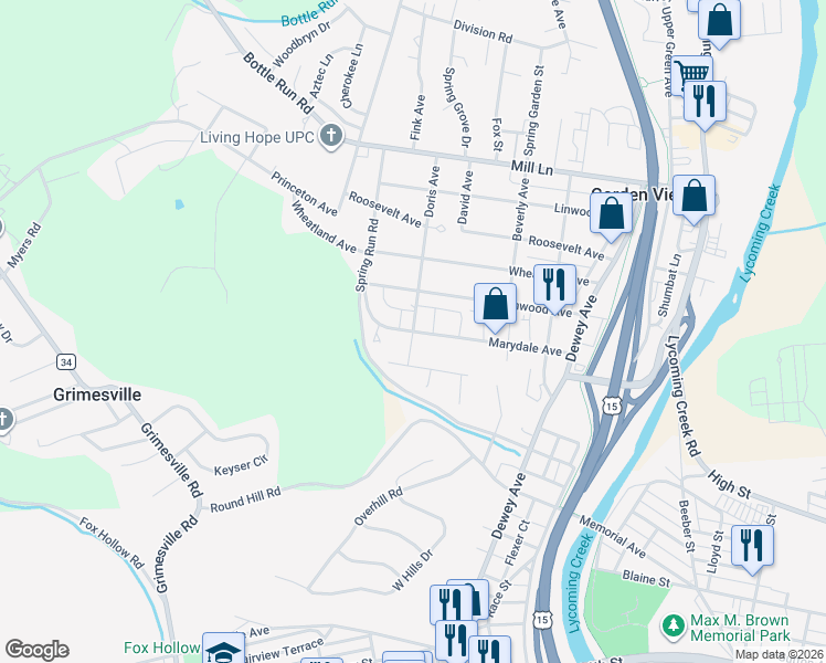 map of restaurants, bars, coffee shops, grocery stores, and more near 2299 Marydale Ave in Williamsport