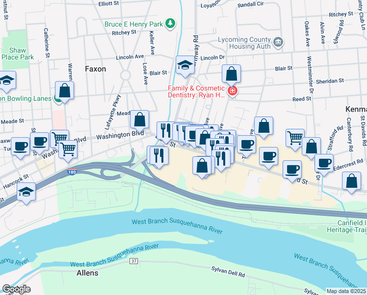 map of restaurants, bars, coffee shops, grocery stores, and more near 301 Russell Avenue in Williamsport