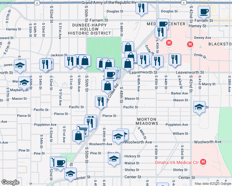 map of restaurants, bars, coffee shops, grocery stores, and more near 951 South Saddle Creek Road in Omaha
