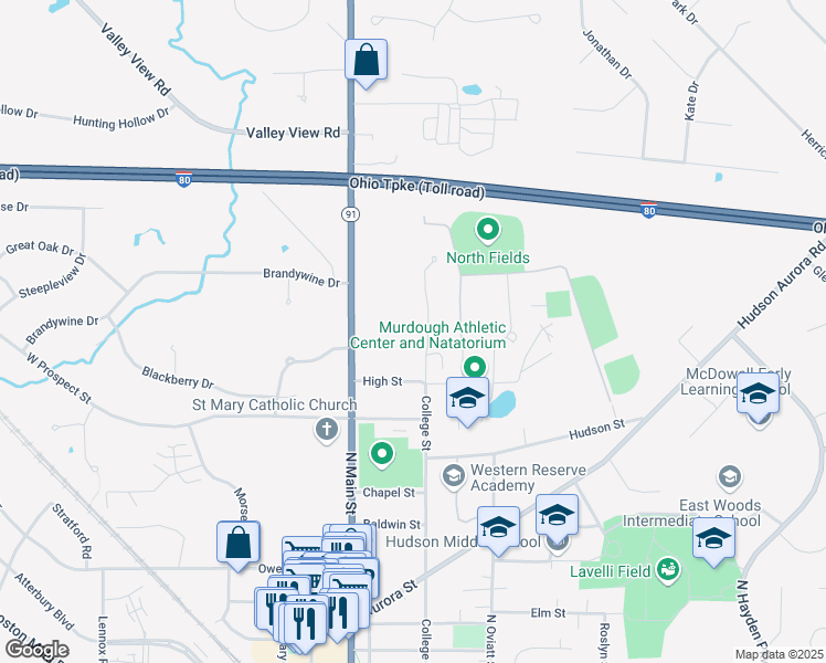map of restaurants, bars, coffee shops, grocery stores, and more near 250 College Street in Hudson