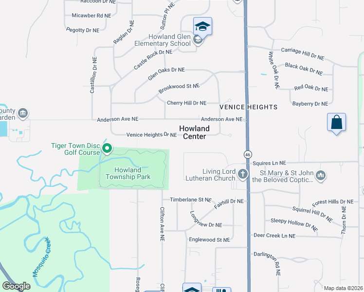 map of restaurants, bars, coffee shops, grocery stores, and more near 124 Eastwind Drive Northeast in Warren