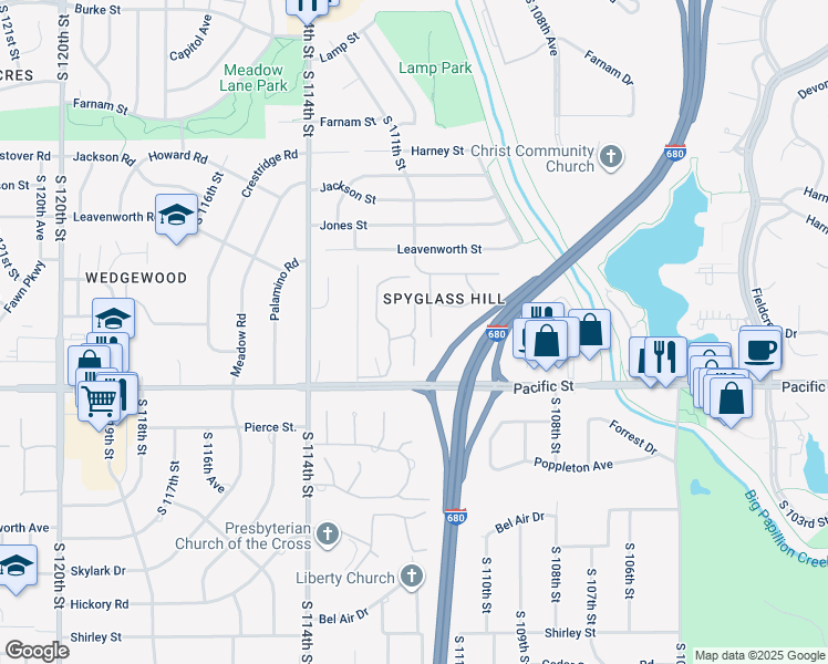 map of restaurants, bars, coffee shops, grocery stores, and more near South 111th Plaza in Omaha