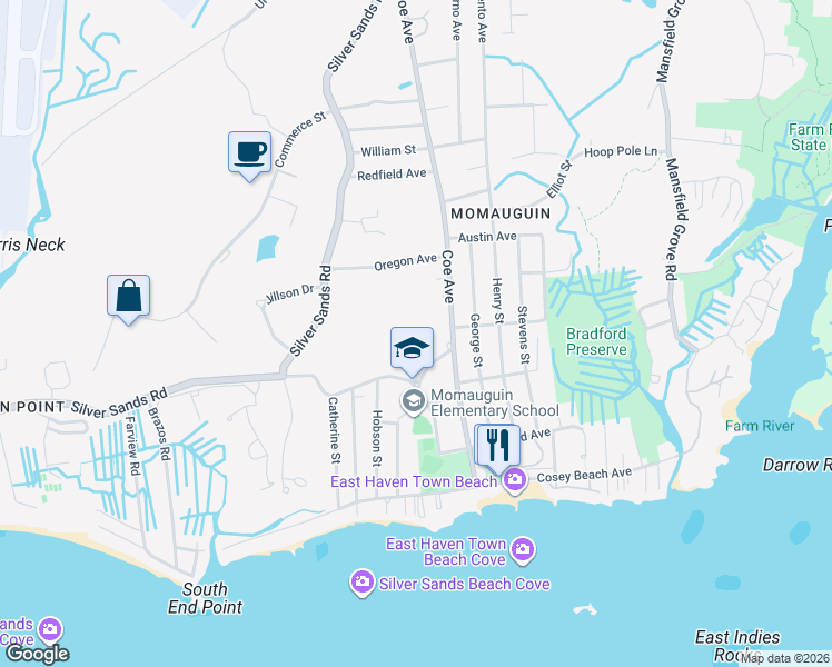 map of restaurants, bars, coffee shops, grocery stores, and more near 130 Coe Avenue in East Haven
