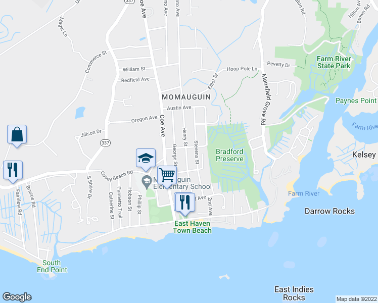 map of restaurants, bars, coffee shops, grocery stores, and more near 76 Stevens Street in East Haven