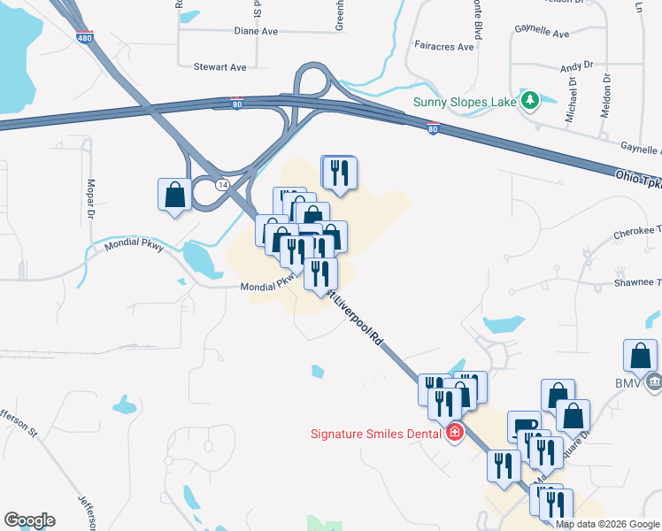 map of restaurants, bars, coffee shops, grocery stores, and more near 9712 Singletary Drive in Streetsboro
