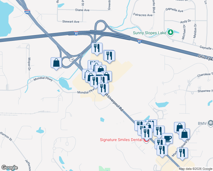 map of restaurants, bars, coffee shops, grocery stores, and more near 9712 Singletary Drive in Streetsboro