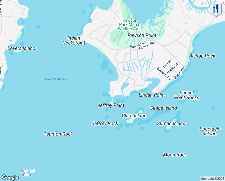 map of restaurants, bars, coffee shops, grocery stores, and more near 106 Sunset Beach Road in Branford