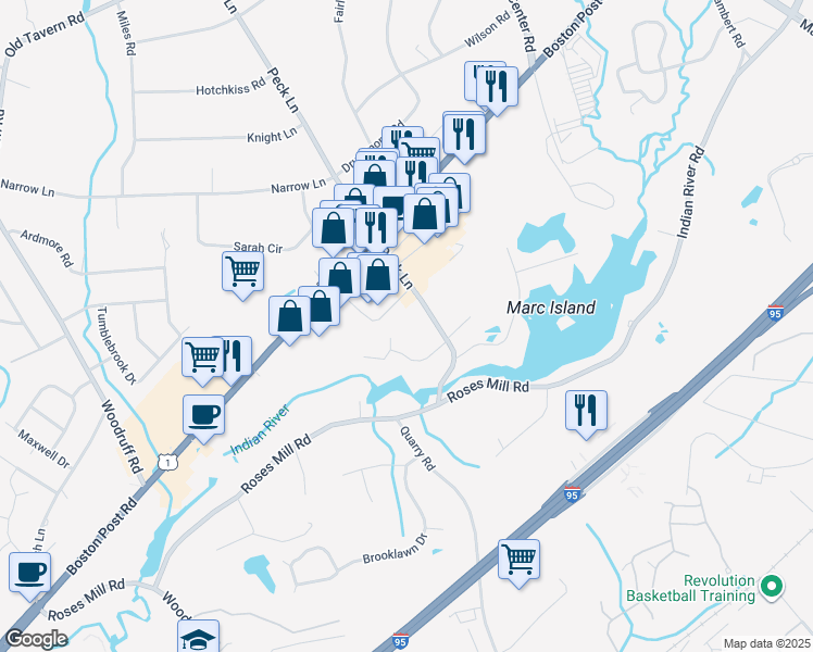 map of restaurants, bars, coffee shops, grocery stores, and more near 5 Claudia Drive in Milford