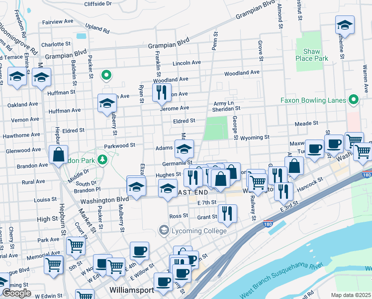 map of restaurants, bars, coffee shops, grocery stores, and more near 931 Mary Street in Williamsport
