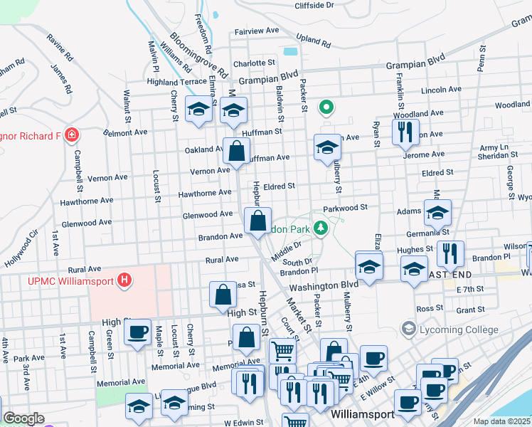 map of restaurants, bars, coffee shops, grocery stores, and more near 900 Hepburn Street in Williamsport