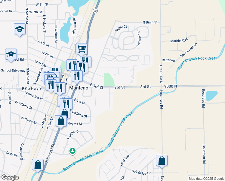 map of restaurants, bars, coffee shops, grocery stores, and more near 198 South Mcguire Street in Manteno