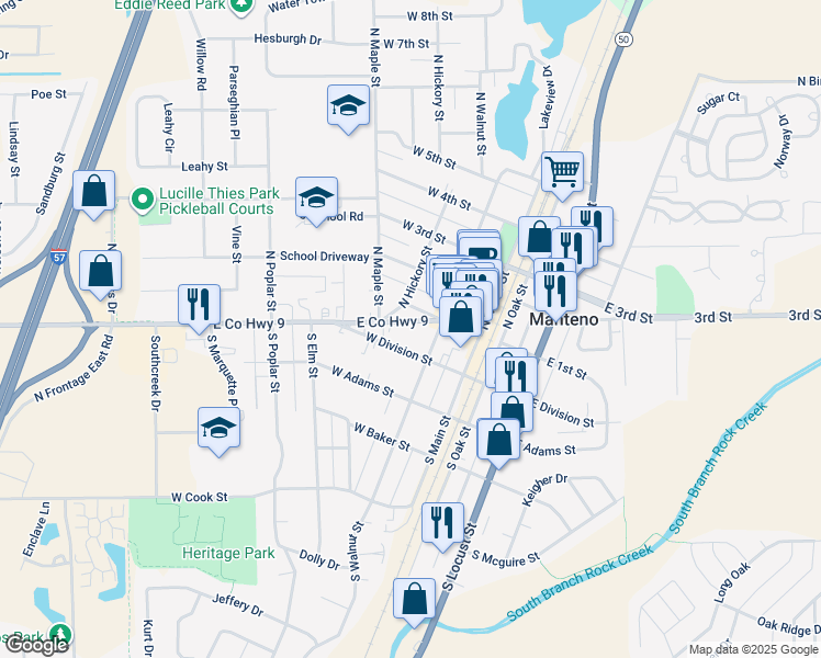 map of restaurants, bars, coffee shops, grocery stores, and more near 31 North Walnut Street in Manteno