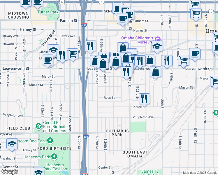 map of restaurants, bars, coffee shops, grocery stores, and more near 1007 South 26th Street in Omaha