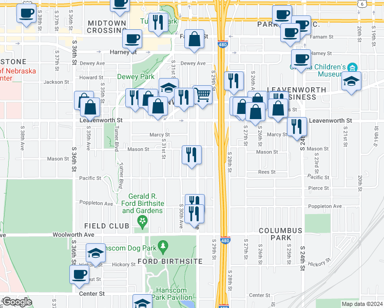 map of restaurants, bars, coffee shops, grocery stores, and more near in Omaha
