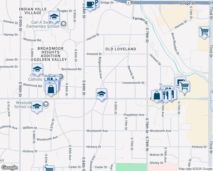 map of restaurants, bars, coffee shops, grocery stores, and more near 1022 South 80th Street in Omaha
