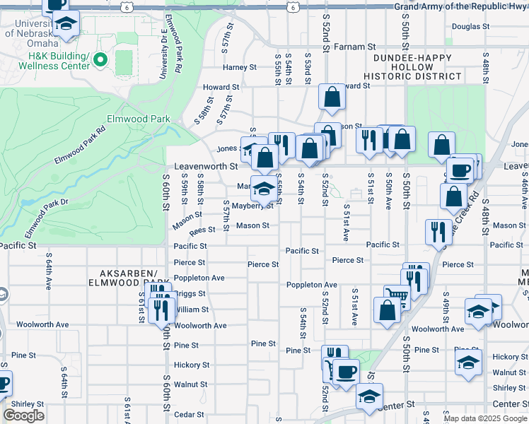 map of restaurants, bars, coffee shops, grocery stores, and more near 5519 Mayberry Street in Omaha