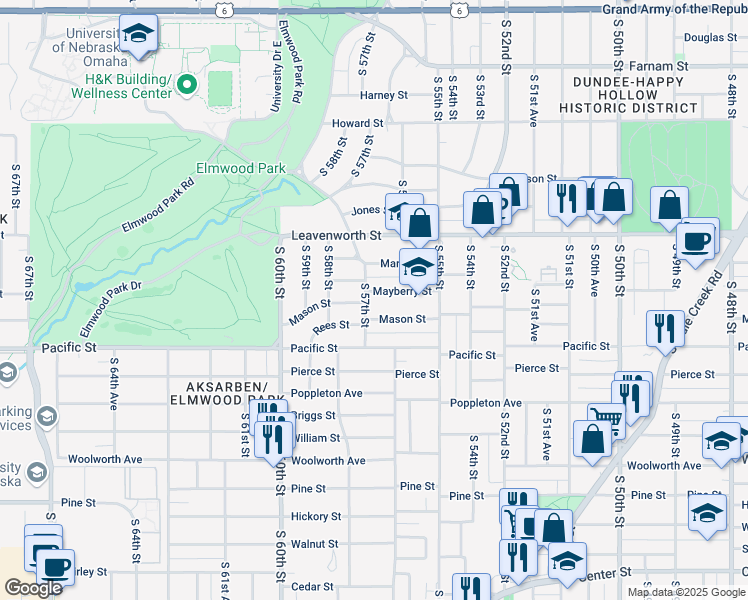 map of restaurants, bars, coffee shops, grocery stores, and more near 5707 Mason Street in Omaha
