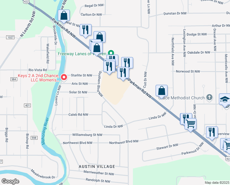 map of restaurants, bars, coffee shops, grocery stores, and more near 2485 Parkman Road Northwest in Warren