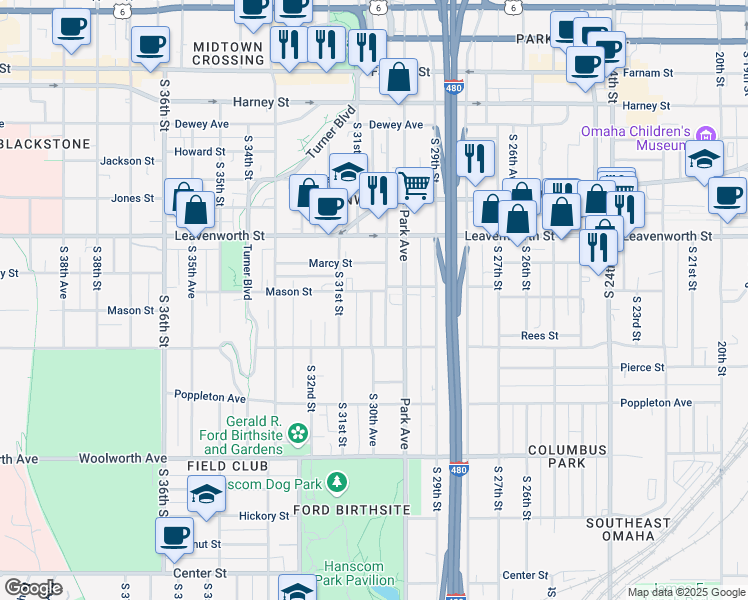 map of restaurants, bars, coffee shops, grocery stores, and more near 1011 South 30th Avenue in Omaha