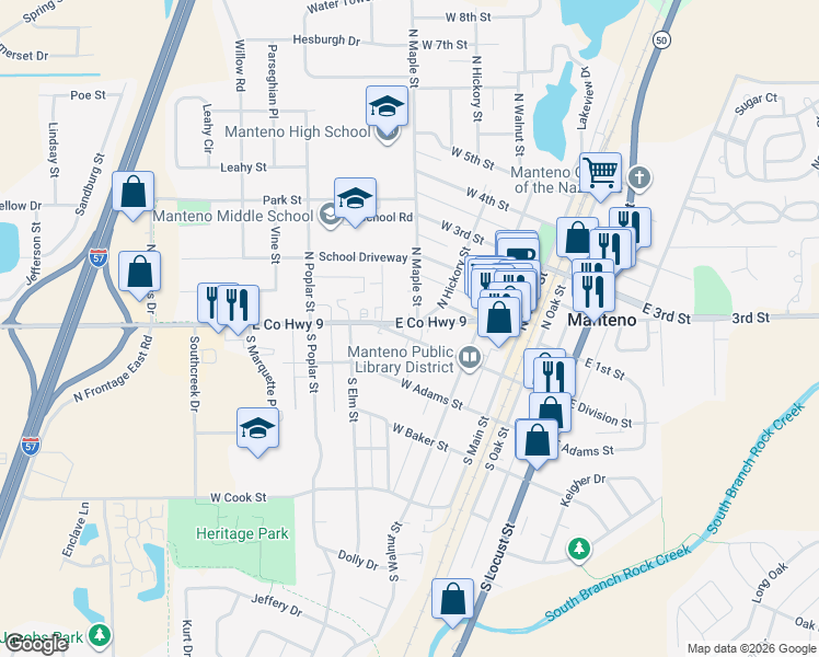 map of restaurants, bars, coffee shops, grocery stores, and more near 221 West Division Street in Manteno