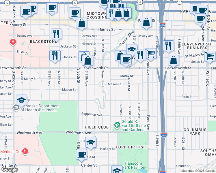 map of restaurants, bars, coffee shops, grocery stores, and more near 1015 Turner Boulevard in Omaha