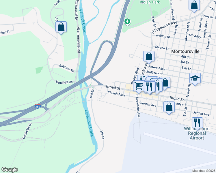 map of restaurants, bars, coffee shops, grocery stores, and more near 101 Church Alley in Montoursville
