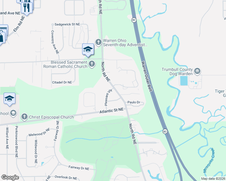 map of restaurants, bars, coffee shops, grocery stores, and more near 1223 North Road Northeast in Warren