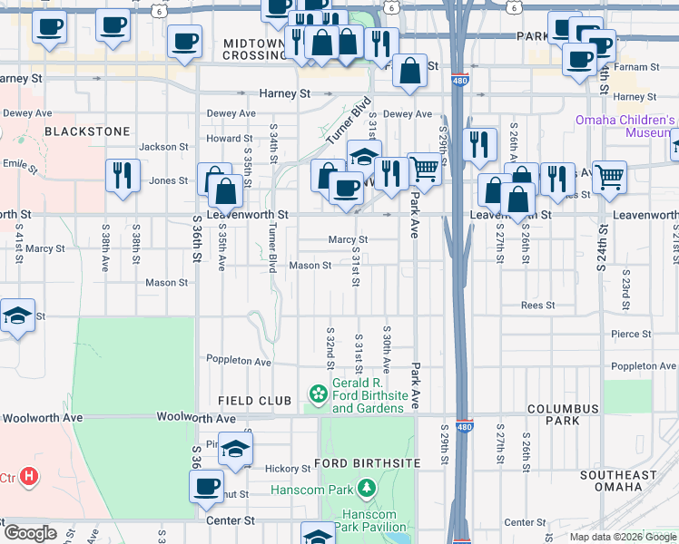 map of restaurants, bars, coffee shops, grocery stores, and more near 1016-1/2 South 31st Avenue in Omaha