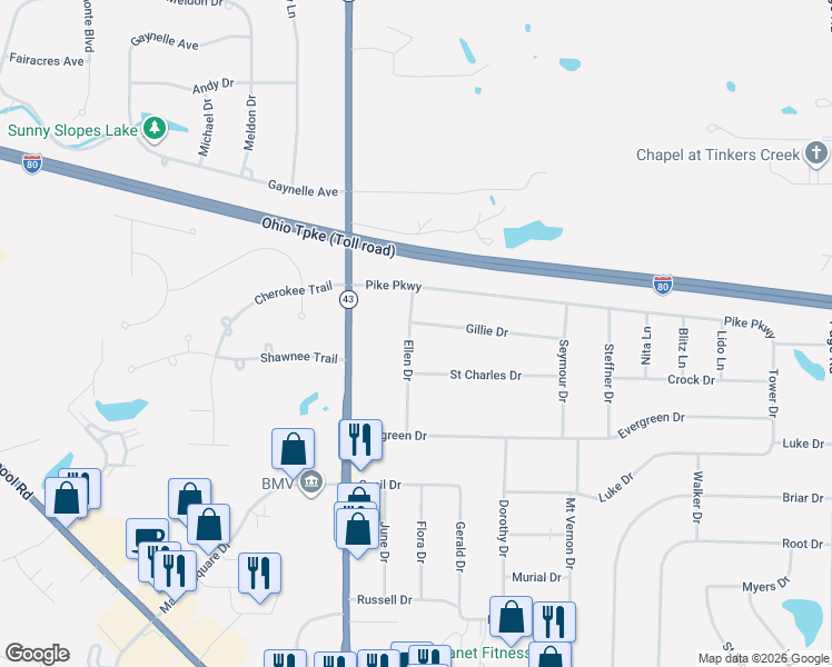 map of restaurants, bars, coffee shops, grocery stores, and more near 1406 Gillie Dr in Streetsboro