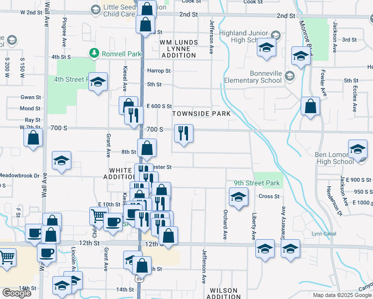 map of restaurants, bars, coffee shops, grocery stores, and more near 540 8th Street in Ogden