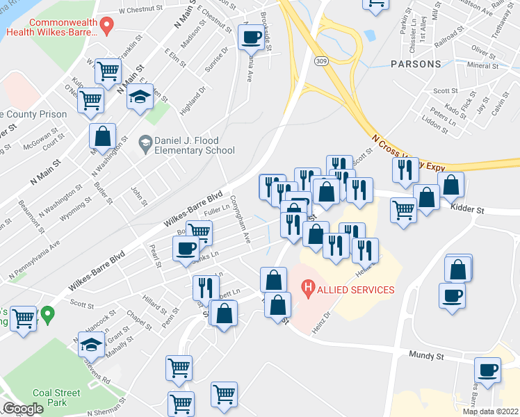 map of restaurants, bars, coffee shops, grocery stores, and more near 340 Kidder Street in Wilkes-Barre